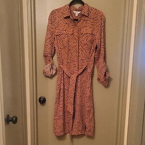 Nine West Brown Zebra Print Long Sleeve Dress